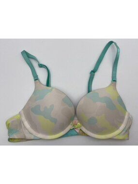 Victoria's Secret Push-Up Bra Padded Aqua Blue Yellow Camo Print Women's 32B